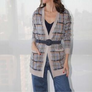 Max Studio Beige and Blue Plaid open Front Cardigan women’s size Medium